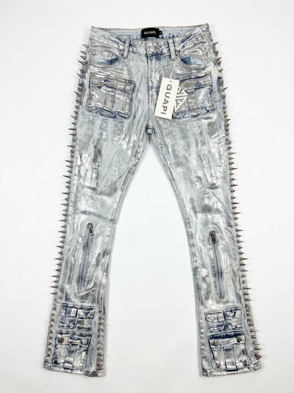 GUAPI Metallic Silver Spiked Cargo Denim Pants NWT Stacked Flare Jeans